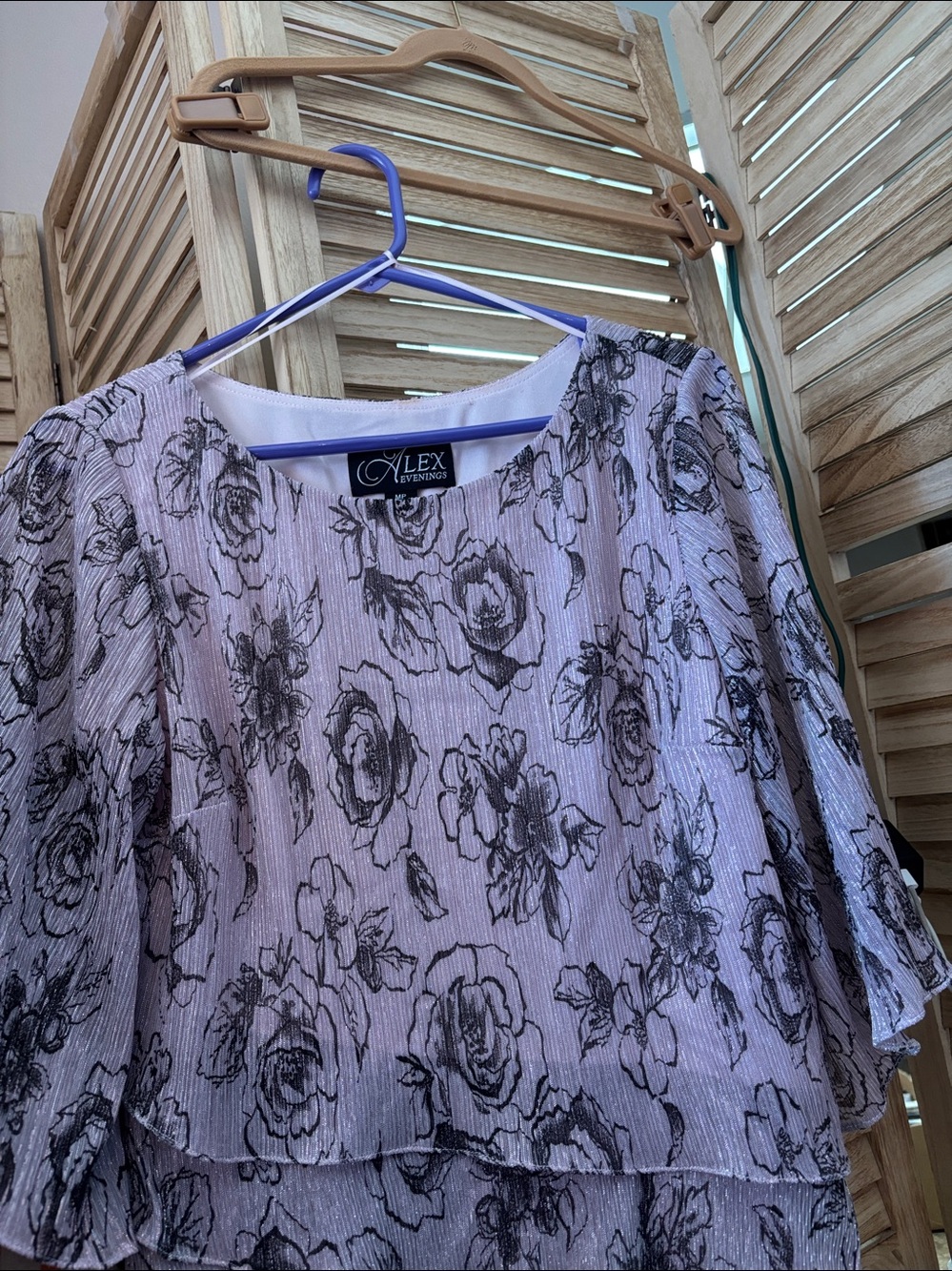 Alex Evenings Mauve Floral Shimmery Layered Top with Black Print Petite Medium